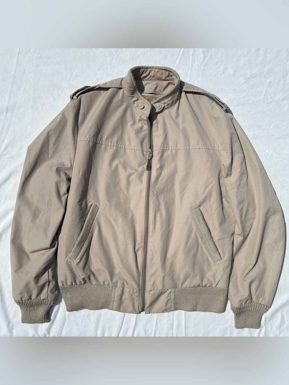 Vintage London Fog Harrington Bomber Jacket Tan Beige Faux Fur Lined Full Zip